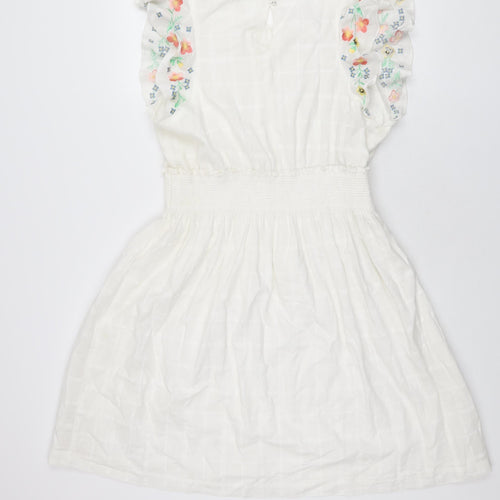 Oliver Bonas Womens White Floral Cotton A-Line Size 16 Round Neck Button