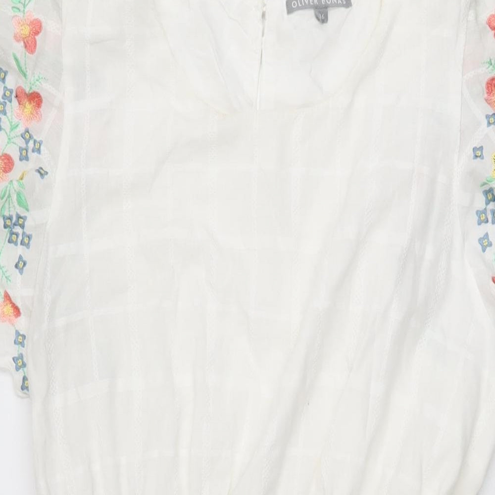 Oliver Bonas Womens White Floral Cotton A-Line Size 16 Round Neck Button