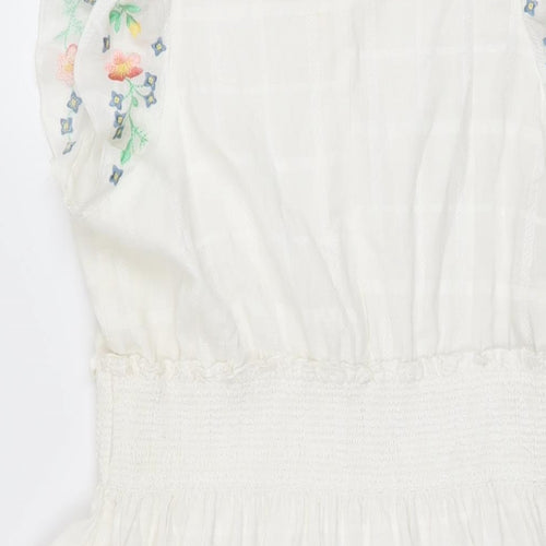 Oliver Bonas Womens White Floral Cotton A-Line Size 16 Round Neck Button