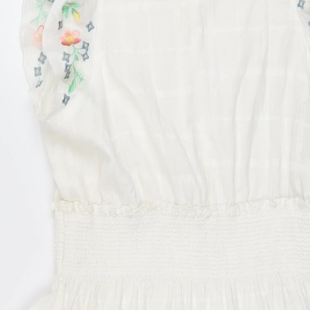 Oliver Bonas Womens White Floral Cotton A-Line Size 16 Round Neck Button