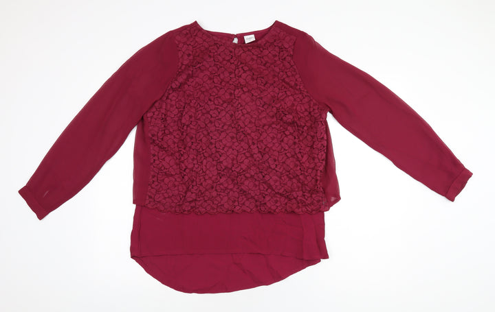 Cotton Traders Womens Red Cotton Basic Blouse Size 12 Round Neck