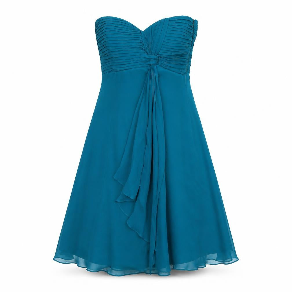 Front view of Coast women’s blue silk a-line, size UK 8, off the shoulder zip