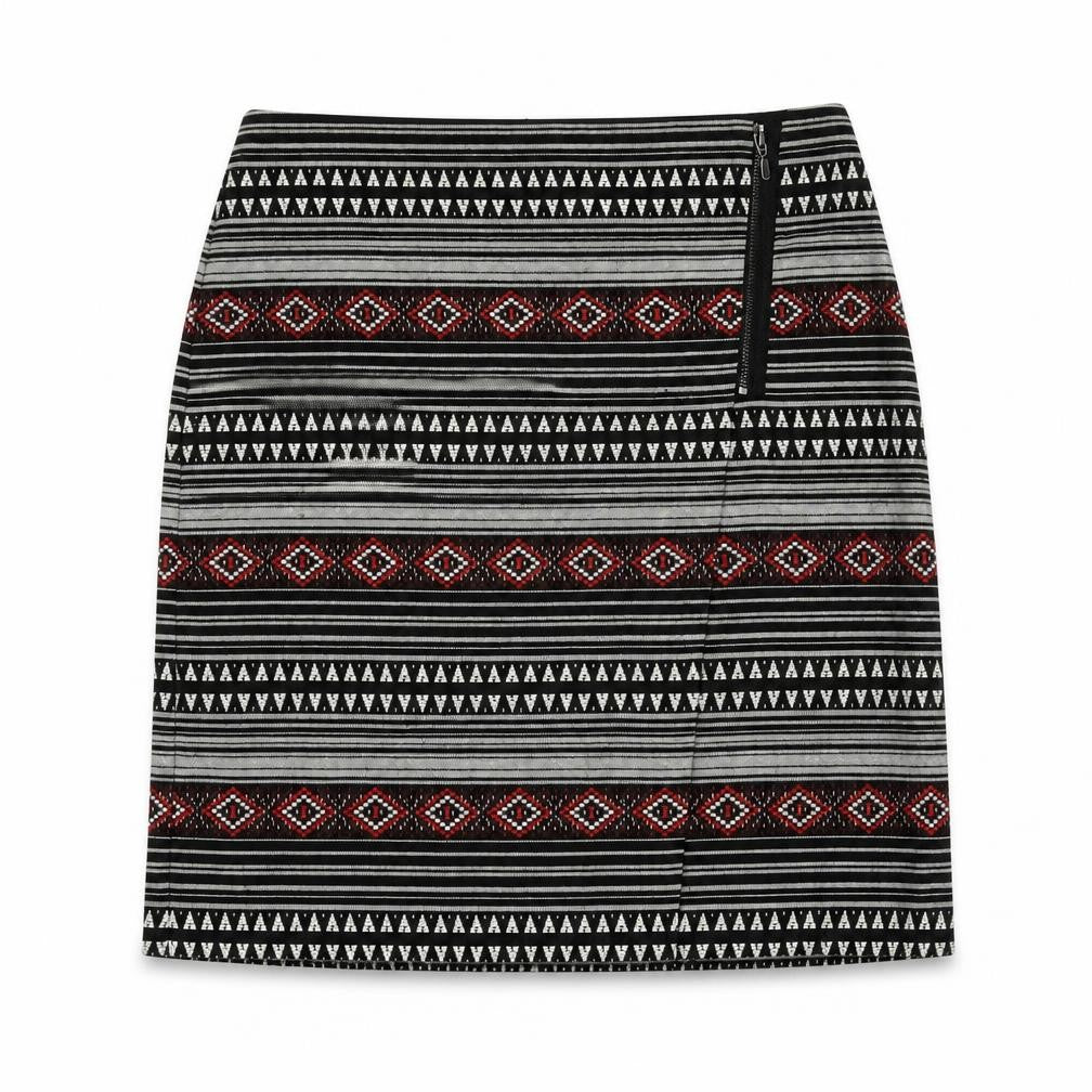 Front view of Marks & Spencer women’s black geometric polyester a-line skirt, size UK 10, zip