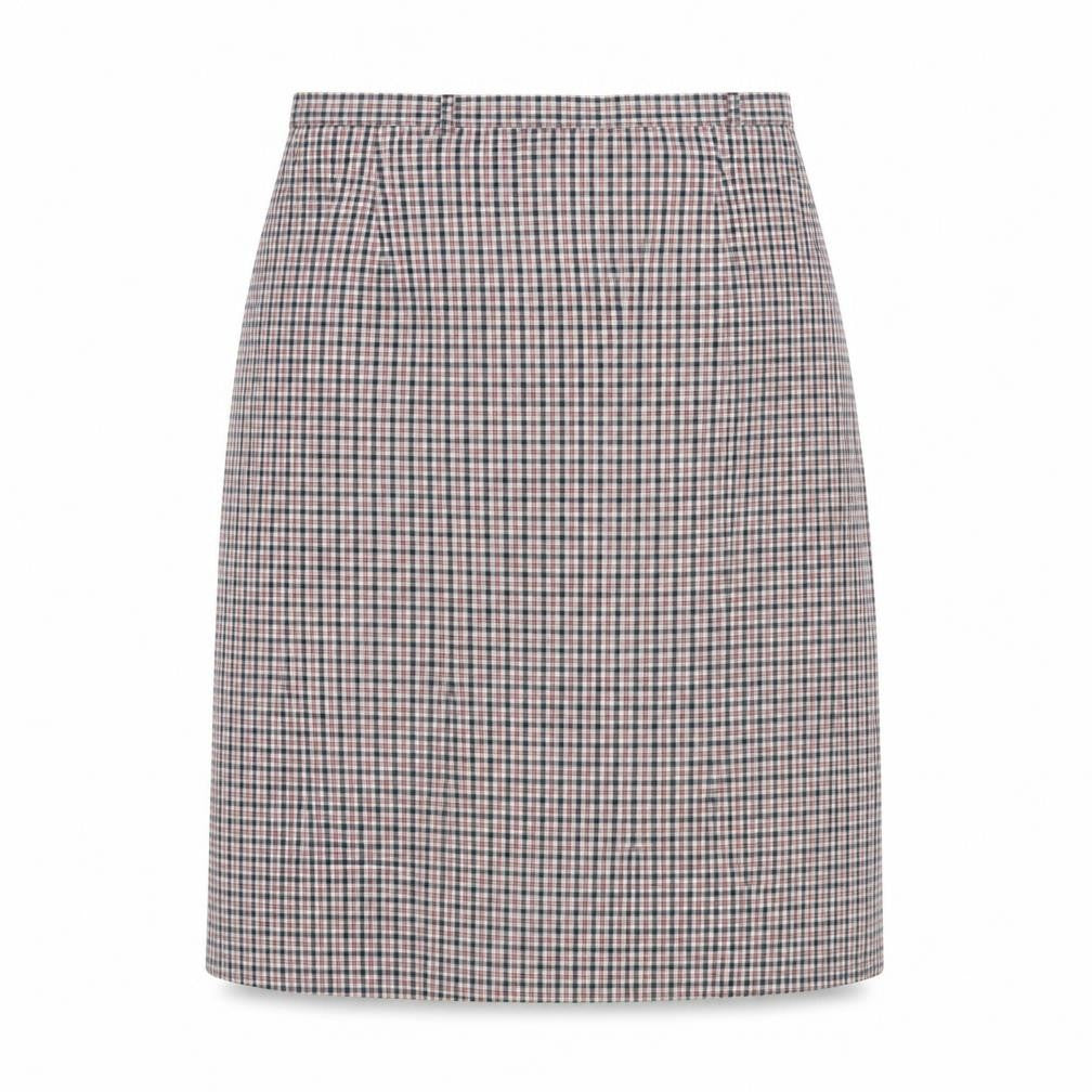 Front view of Marks & Spencer women’s multicoloured plaid polyester a-line skirt, size UK 14, zip