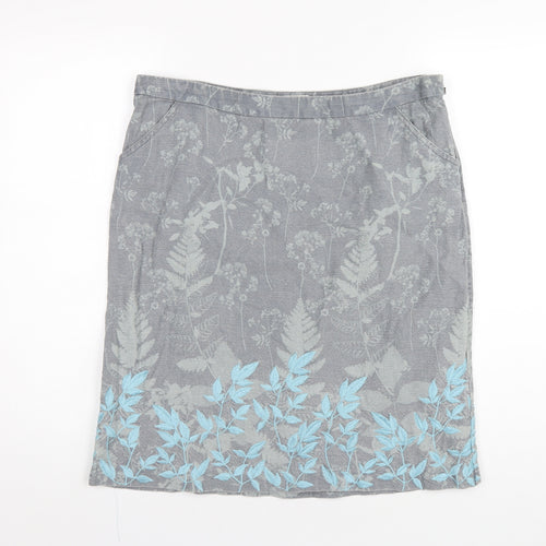 White Stuff Womens Grey Floral Linen A-Line Skirt Size 14 Zip