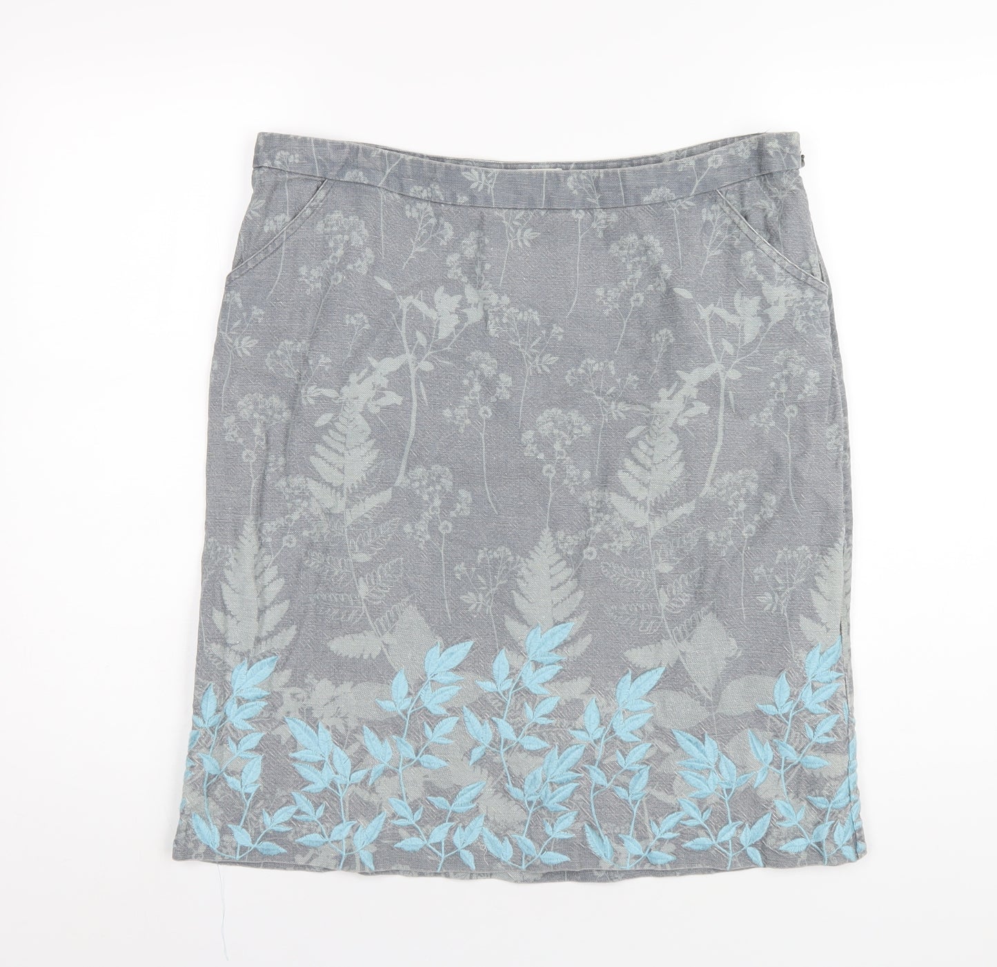 White Stuff Womens Grey Floral Linen A-Line Skirt Size 14 Zip