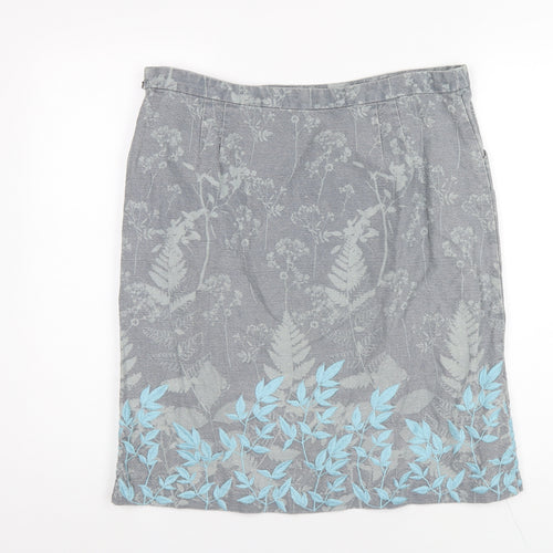 White Stuff Womens Grey Floral Linen A-Line Skirt Size 14 Zip