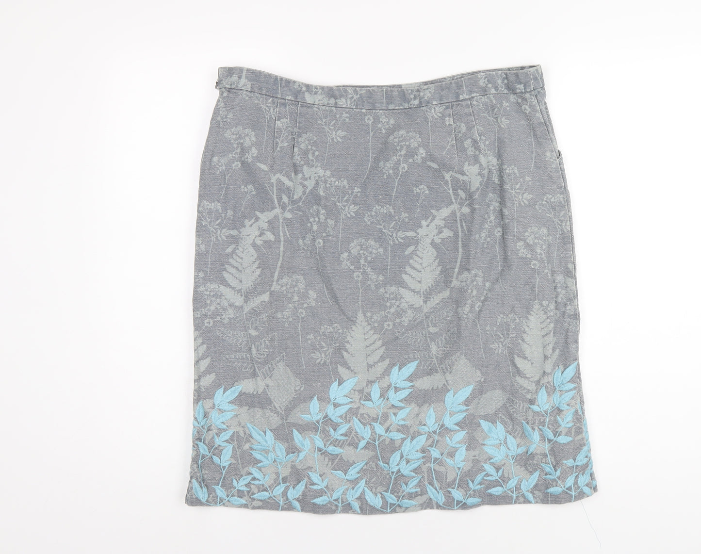 White Stuff Womens Grey Floral Linen A-Line Skirt Size 14 Zip
