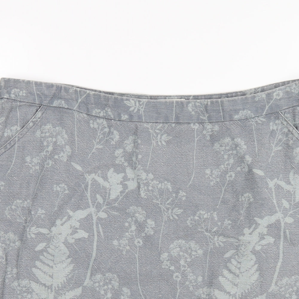 White Stuff Womens Grey Floral Linen A-Line Skirt Size 14 Zip