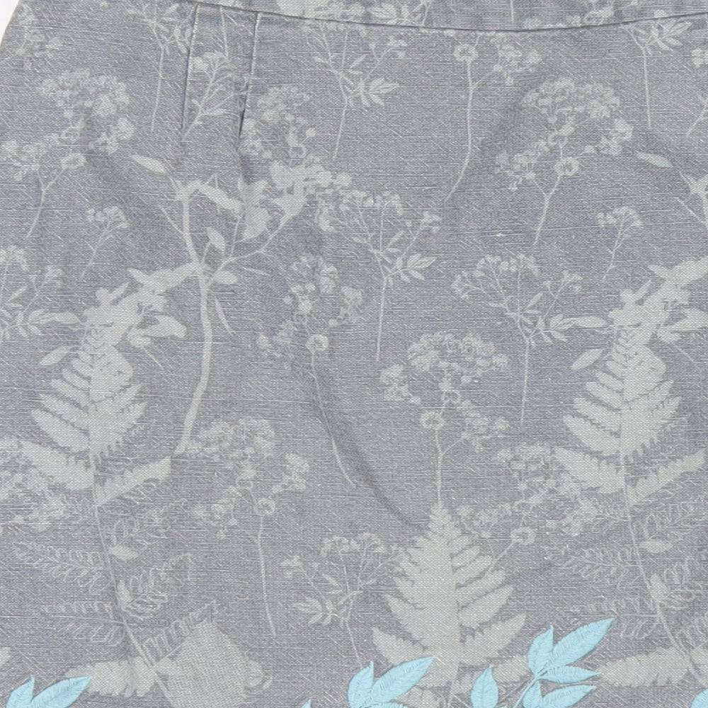 White Stuff Womens Grey Floral Linen A-Line Skirt Size 14 Zip