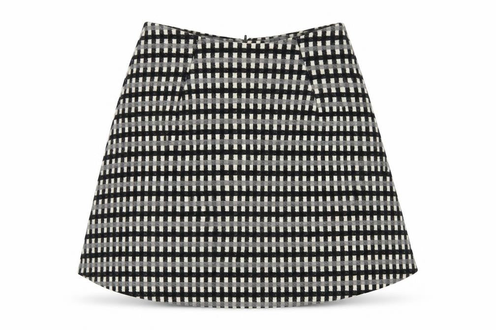 Front view of ASOS women’s black check polyester a-line skirt, size UK 8, zip