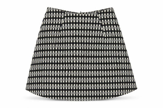 Front view of ASOS women’s black check polyester a-line skirt, size UK 8, zip