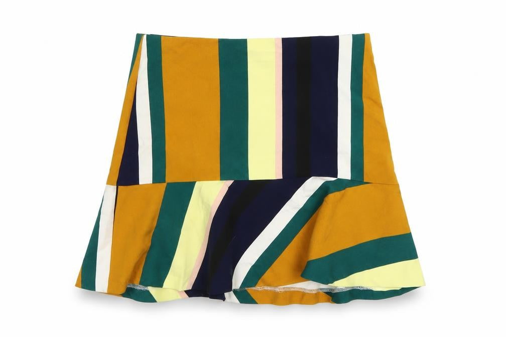 Front view of Zara women’s multicoloured striped polyester a-line skirt, size S, zip