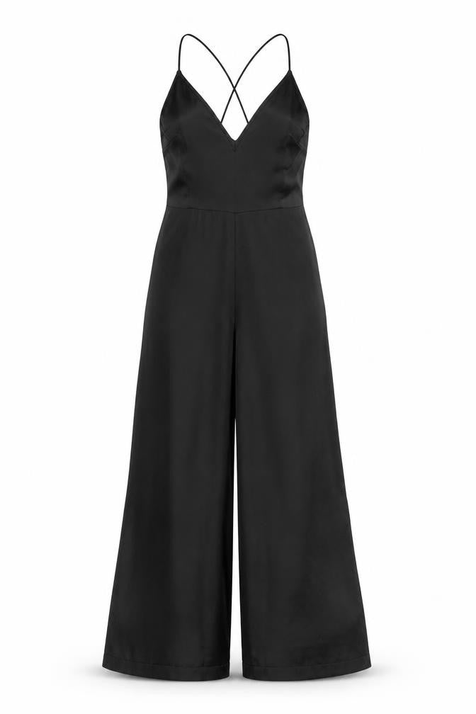 Front view of PRETTYLITTLETHING women’s black polyester jumpsuit one-piece, size UK 8, 24-inch leg zip