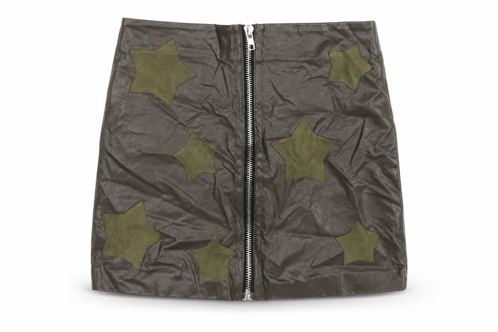 Front view of Dance & Marvel women’s green geometric rayon a-line skirt, size M, zip