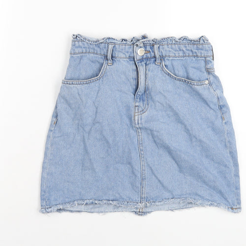 H&M Womens Blue Cotton A-Line Skirt Size 8 Zip - Paperbag Waist