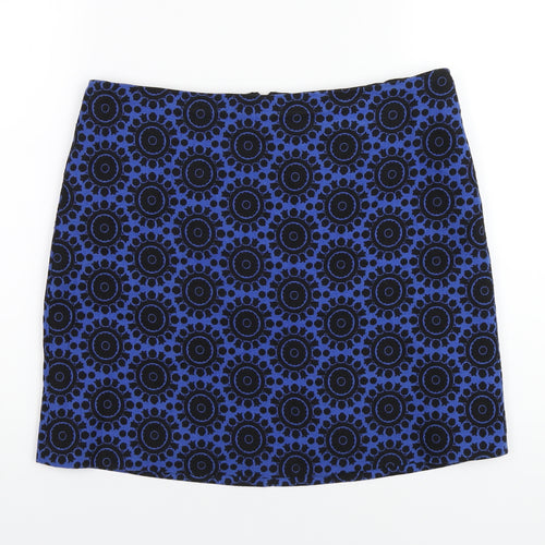 Marks and Spencer Womens Blue Geometric Cotton A-Line Skirt Size 12 Zip