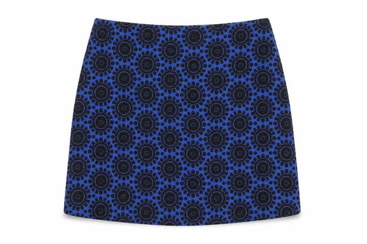 Front view of Marks & Spencer women’s blue geometric cotton a-line skirt, size UK 12, zip