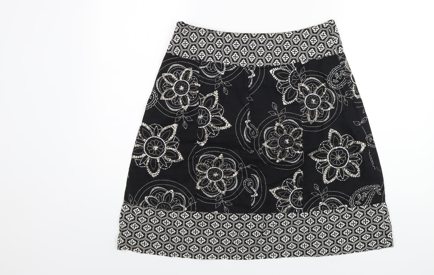 Debenhams Womens Black Geometric Cotton A-Line Skirt Size 10 Zip