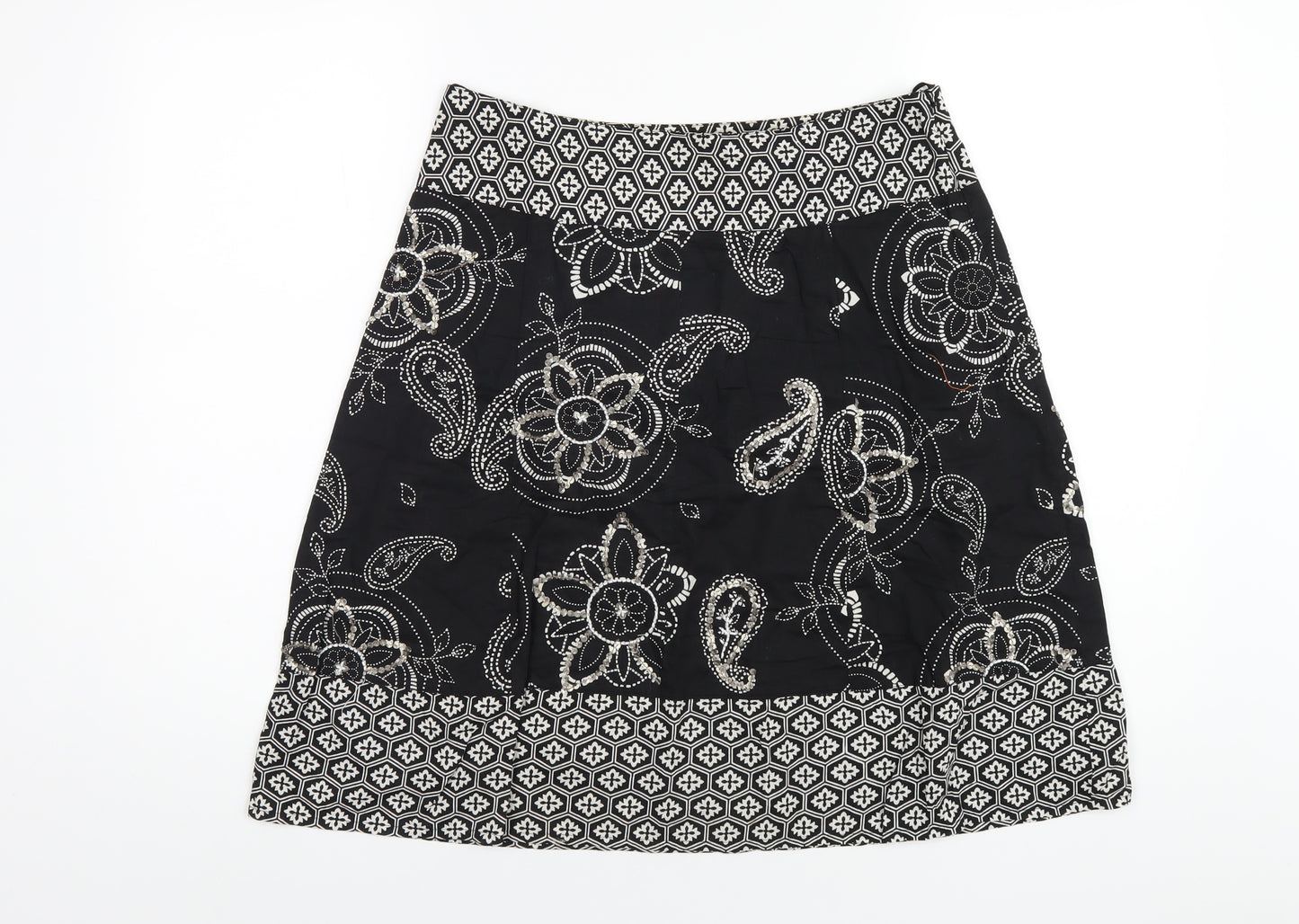 Debenhams Womens Black Geometric Cotton A-Line Skirt Size 10 Zip