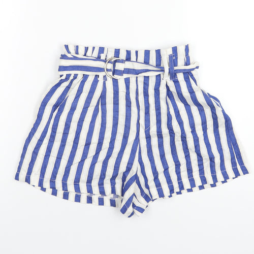 Bershka Womens Blue Striped Vinyl Paperbag Shorts Size S Regular Pull On