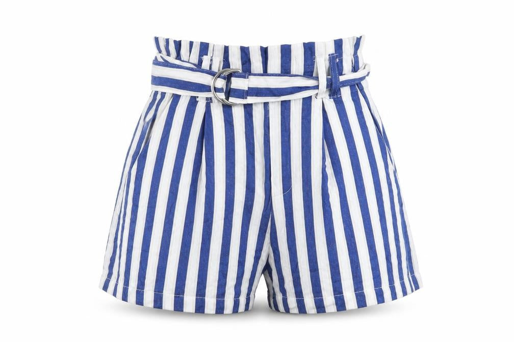 Bershka Womens Blue Striped Vinyl Paperbag Shorts Size S Regular Pull On