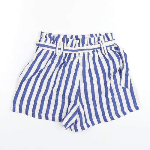Bershka Womens Blue Striped Vinyl Paperbag Shorts Size S Regular Pull On