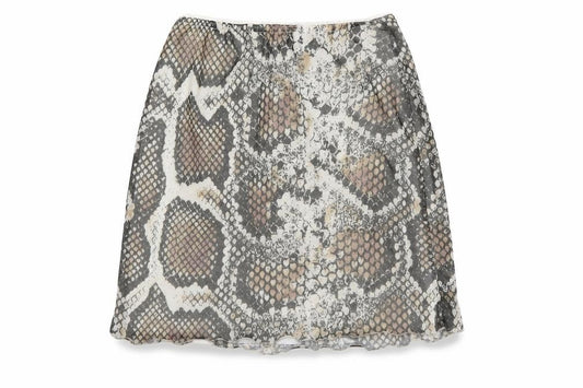 Front view of PRETTYLITTLETHING women’s multicoloured animal print polyester mini skirt, size UK 8, - snake print