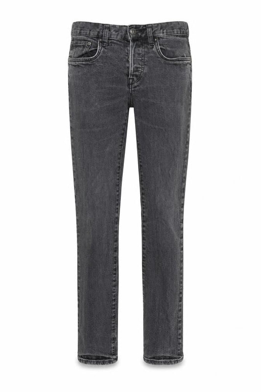 Front view of H&M women’s grey cotton straight jeans, size UK 28, in, 29-inch leg regular button - pockets low rise