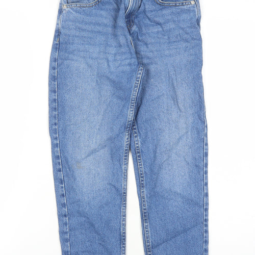 Marks and Spencer Girls Blue Cotton Straight Jeans Size 10-11 Years L23 in Regular Zip - Elasticated Waist Pockets Mom Style