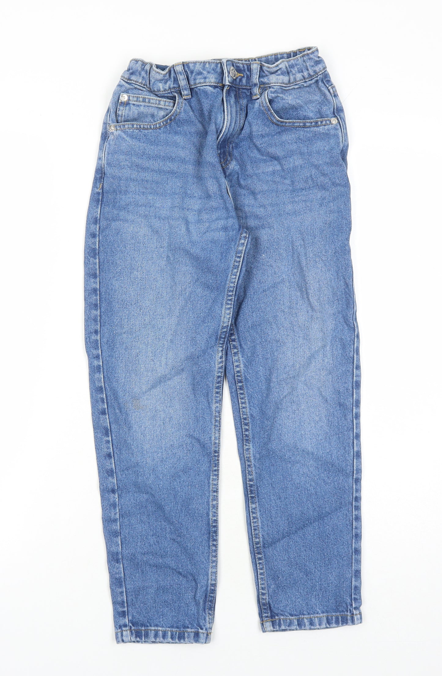 Marks and Spencer Girls Blue Cotton Straight Jeans Size 10-11 Years L23 in Regular Zip - Elasticated Waist Pockets Mom Style