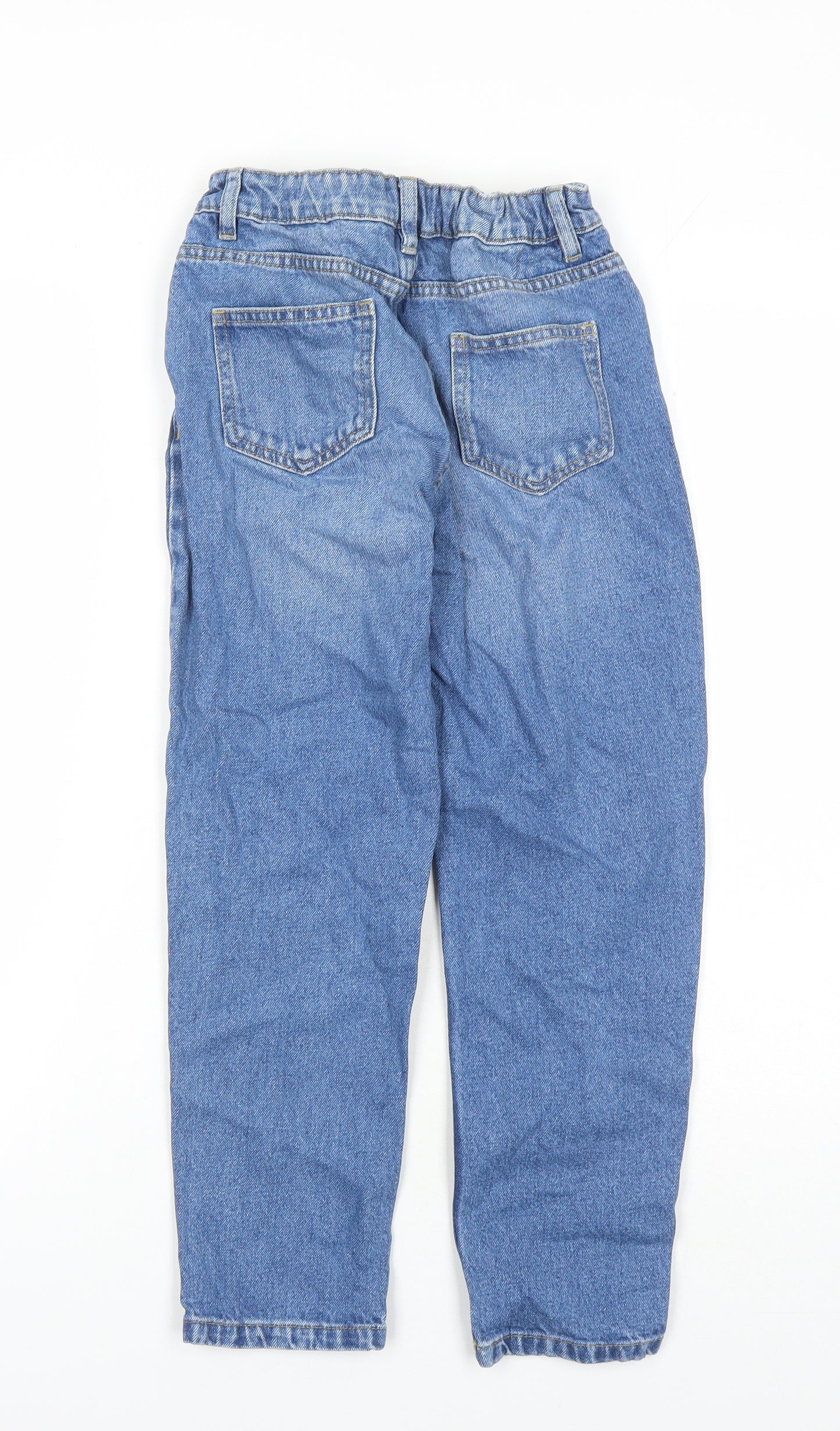 Marks and Spencer Girls Blue Cotton Straight Jeans Size 10-11 Years L23 in Regular Zip - Elasticated Waist Pockets Mom Style