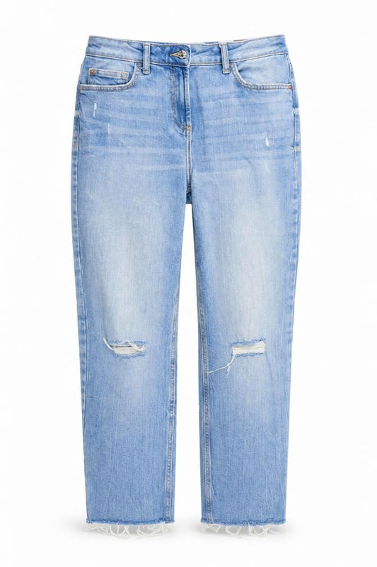 Front view of Next women’s blue cotton straight jeans, size UK 30, in slim zip - raw hems pockets next, size UK 13