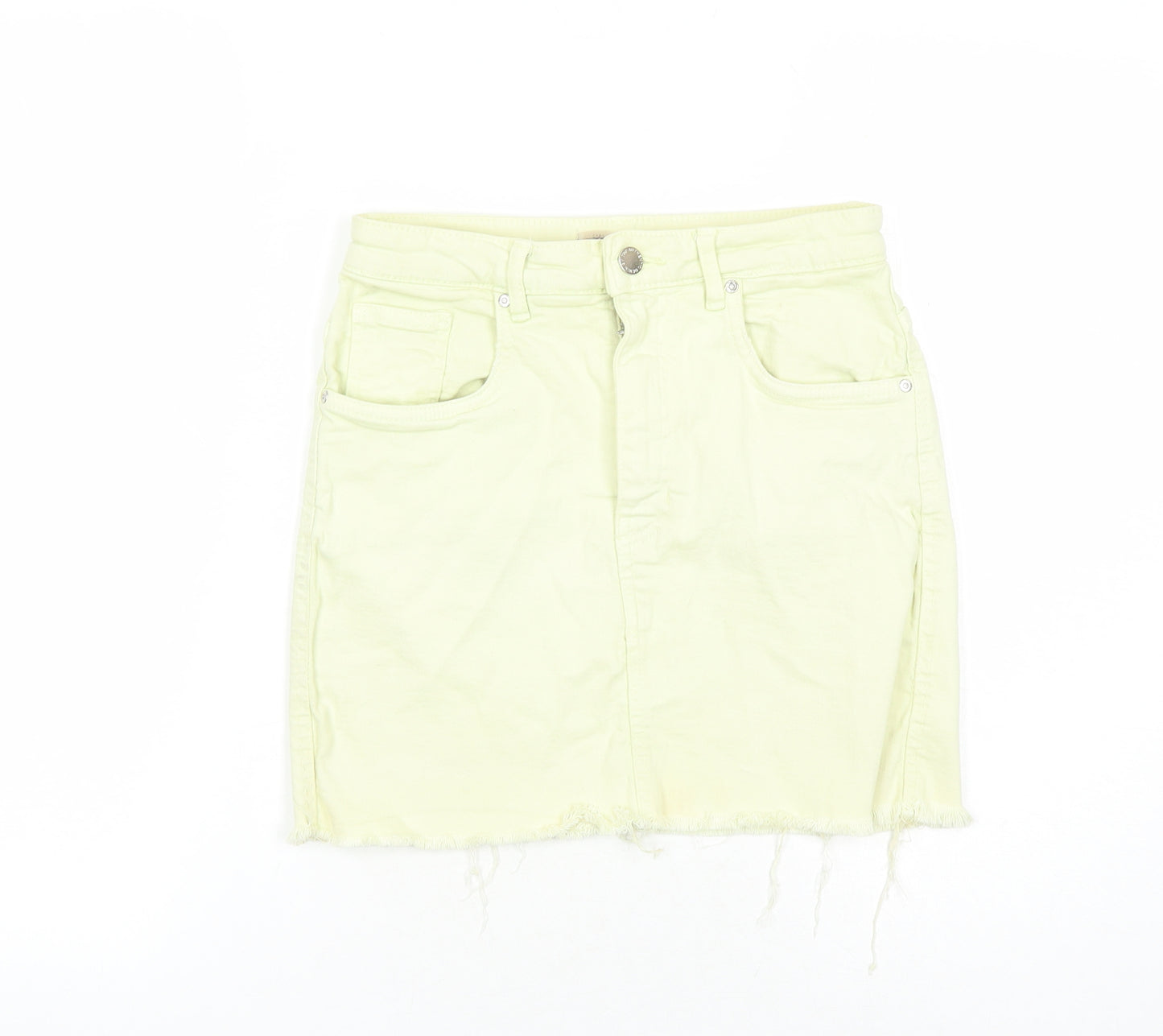 TRF Womens Yellow Cotton Mini Skirt Size 26 in Zip - Pockets Raw Hems