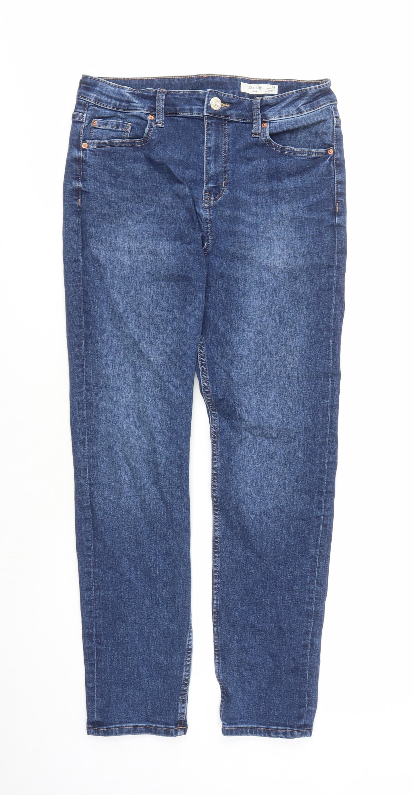 Marks and Spencer Womens Blue Cotton Straight Jeans Size 14 L28 in Slim Zip - Pockets