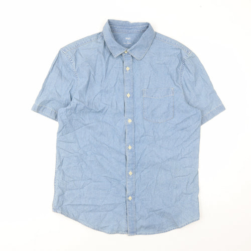 marks and Mens Blue Polyester Button-Up Size M Collared Button