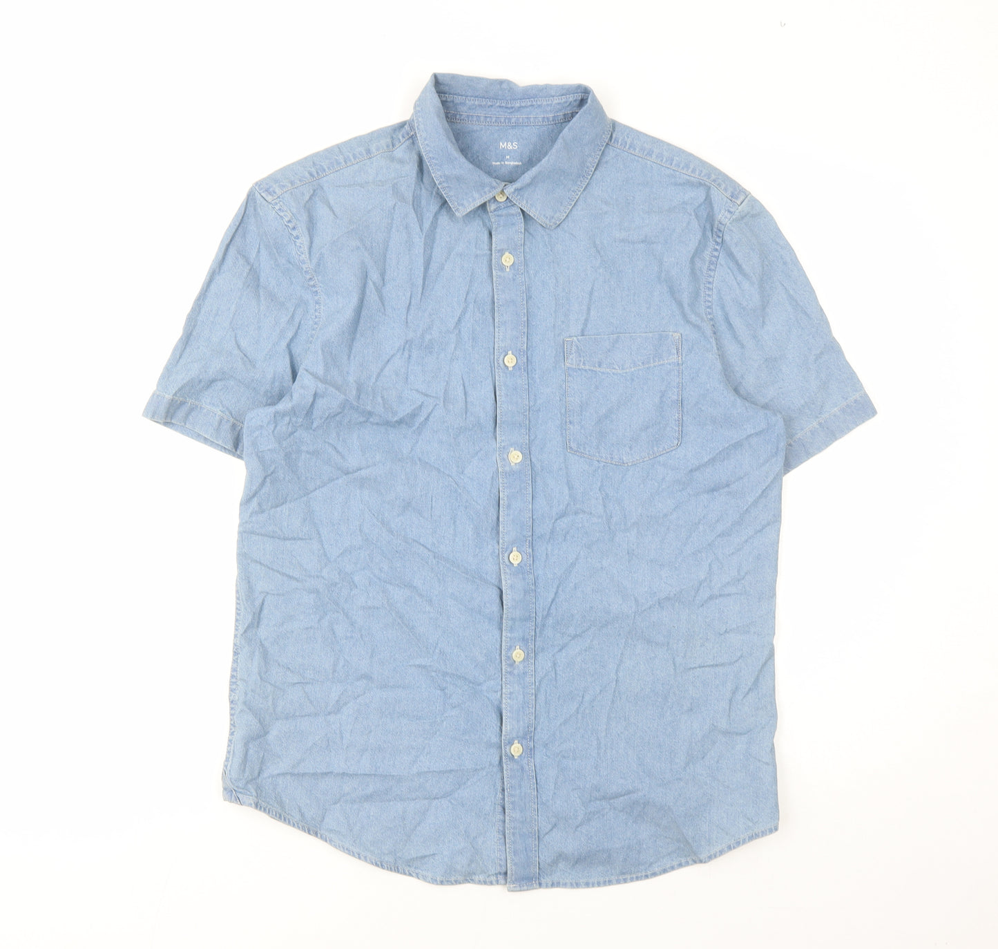 marks and Mens Blue Polyester Button-Up Size M Collared Button