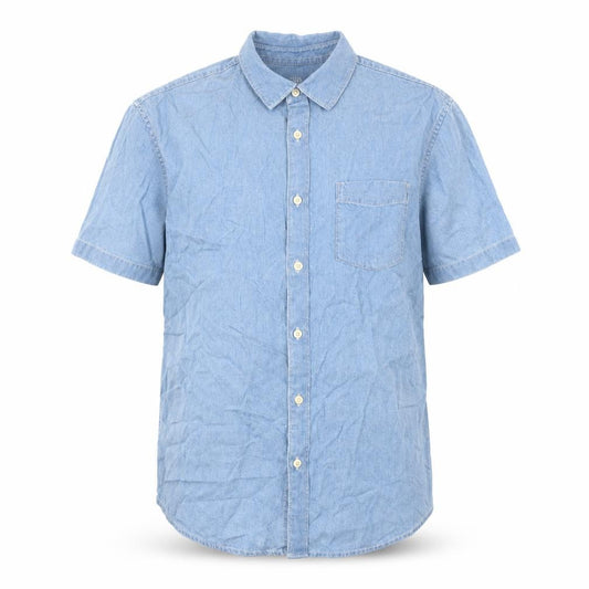 Front view of Marks & Spencer men’s blue polyester button-up, size M, collared button