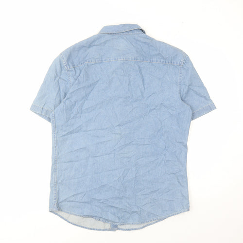 marks and Mens Blue Polyester Button-Up Size M Collared Button