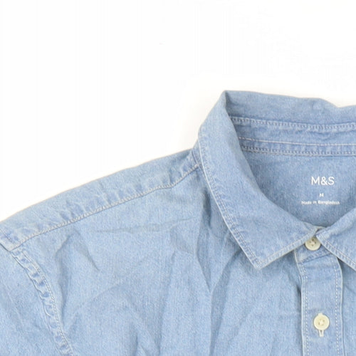 marks and Mens Blue Polyester Button-Up Size M Collared Button
