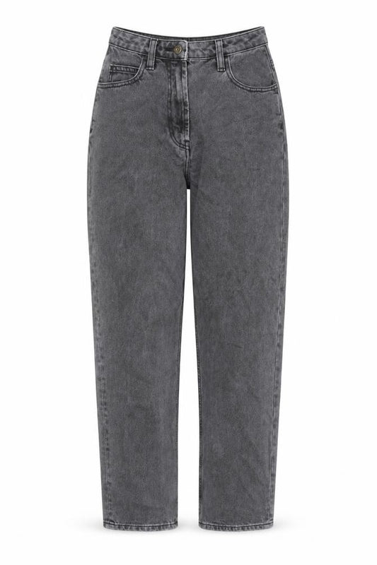 Front view of Collusion women’s grey cotton mom jeans, size UK 26, in, 27-inch leg regular zip - pockets
