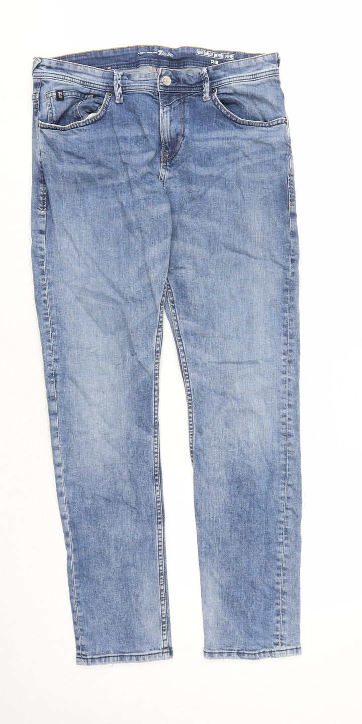 TOM TAILOR Mens Blue Cotton Straight Jeans Size 34 in L31 in Slim Zip - Pockets