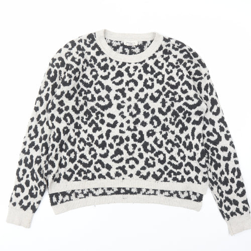 Yes Lola Womens Grey Round Neck Animal Print Cotton Pullover Jumper Size M - Leopard Pattern