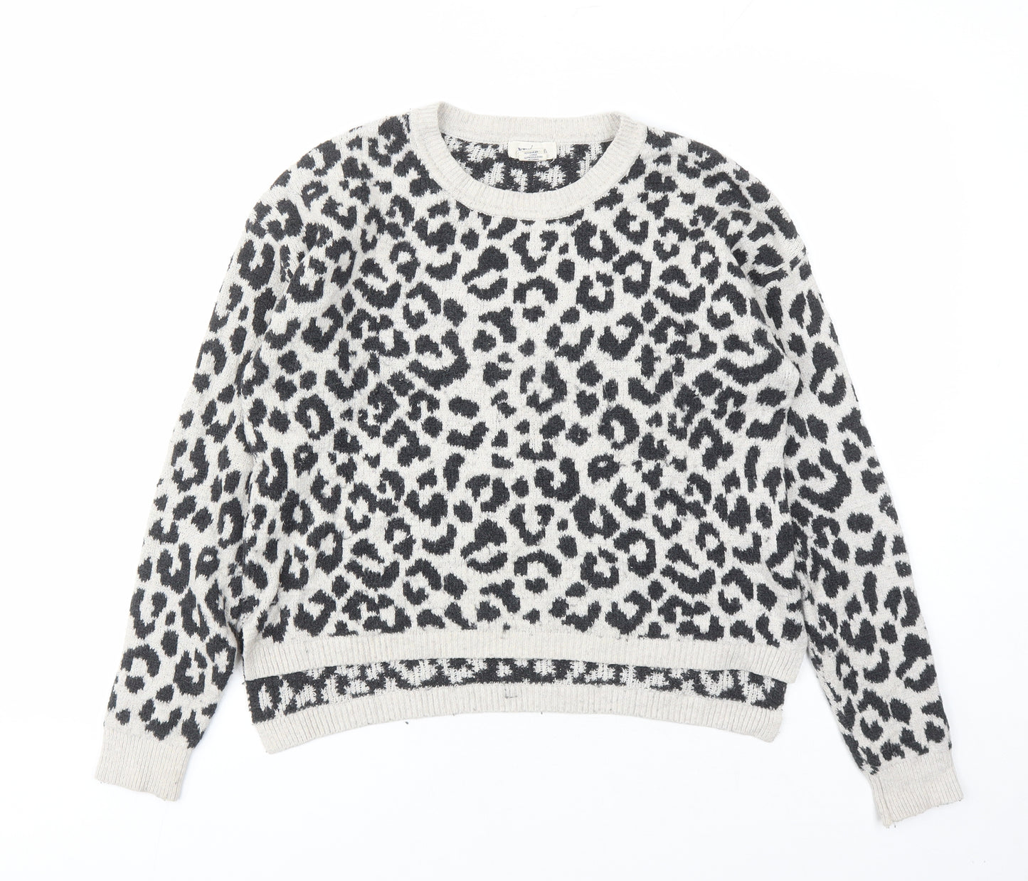 Yes Lola Womens Grey Round Neck Animal Print Cotton Pullover Jumper Size M - Leopard Pattern