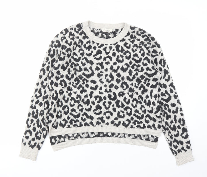 Yes Lola Womens Grey Round Neck Animal Print Cotton Pullover Jumper Size M - Leopard Pattern