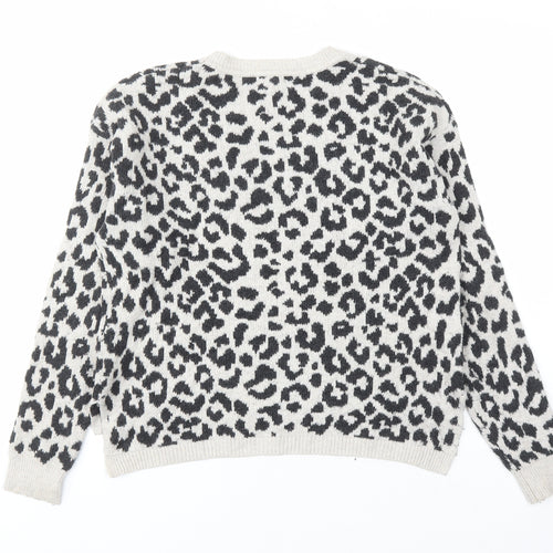 Yes Lola Womens Grey Round Neck Animal Print Cotton Pullover Jumper Size M - Leopard Pattern