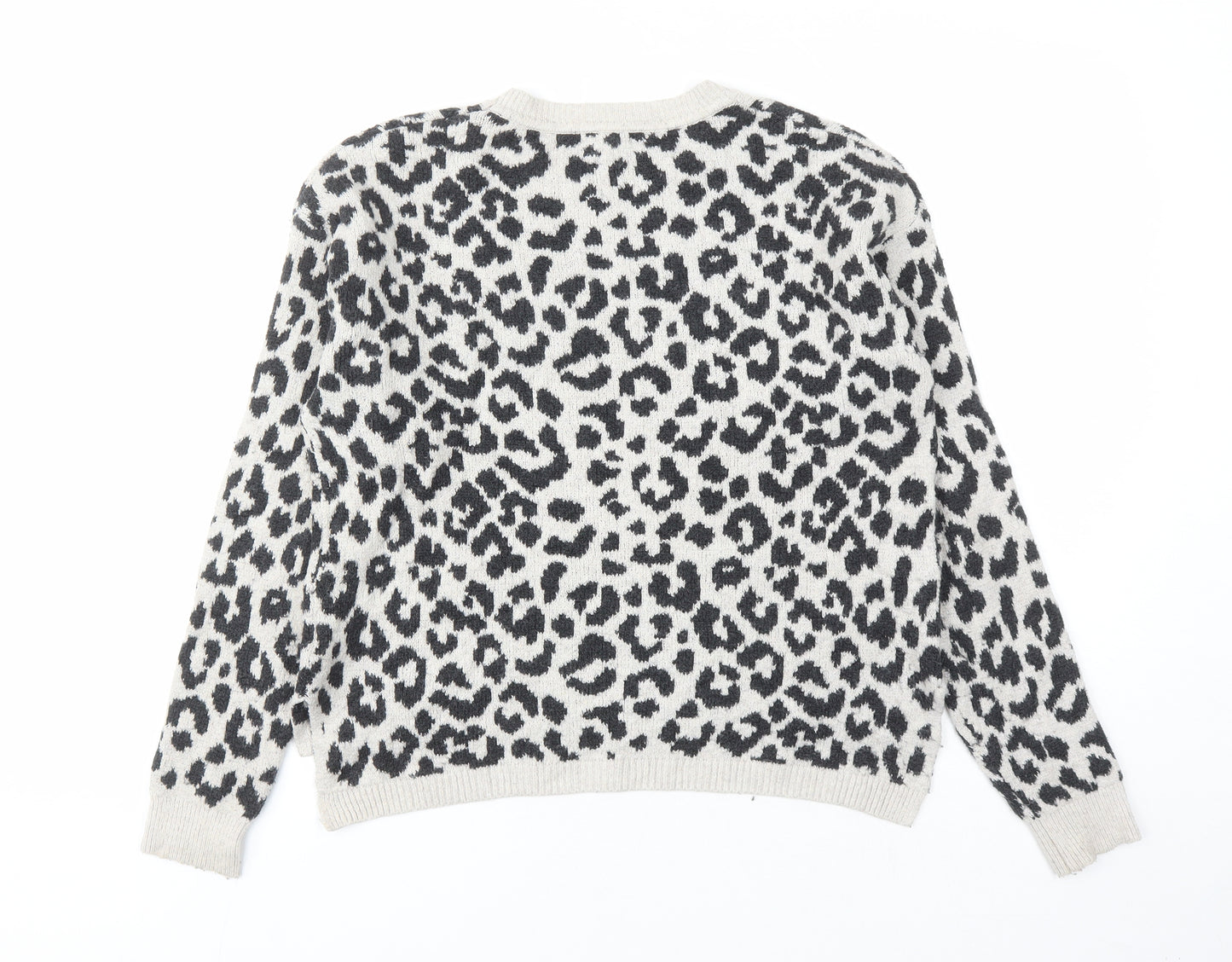 Yes Lola Womens Grey Round Neck Animal Print Cotton Pullover Jumper Size M - Leopard Pattern