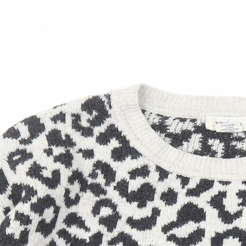 Yes Lola Womens Grey Round Neck Animal Print Cotton Pullover Jumper Size M - Leopard Pattern