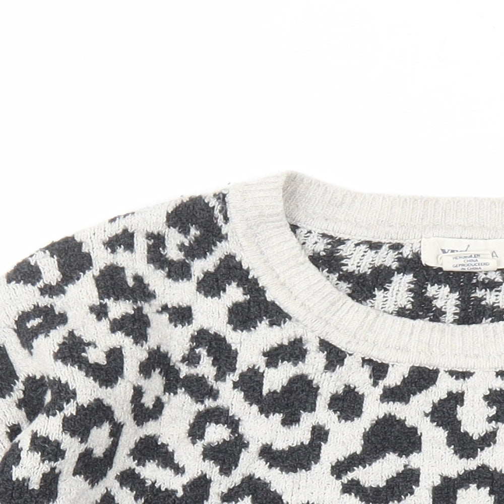 Yes Lola Womens Grey Round Neck Animal Print Cotton Pullover Jumper Size M - Leopard Pattern