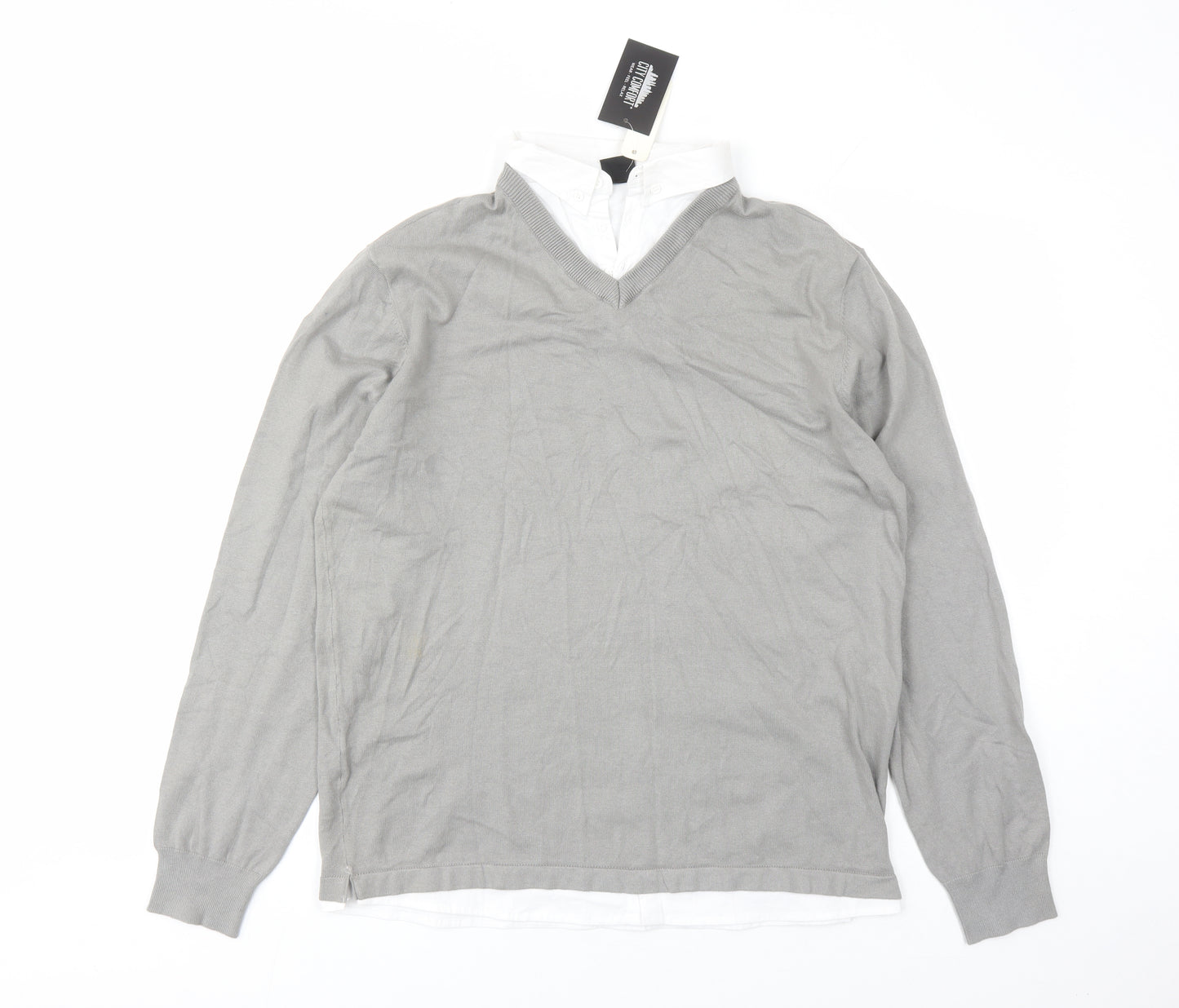 City Comfort Womens Grey Collared Cotton Pullover Jumper Size L - Two In One